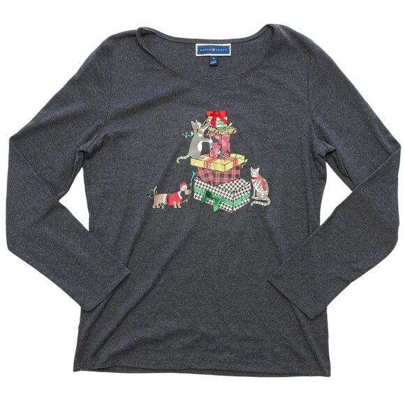 Karen Scott Glitter Top Women's PETITE SMALL Gray‎ CAT DOG Seasonal Graphic NEW - Picture 1 of 11